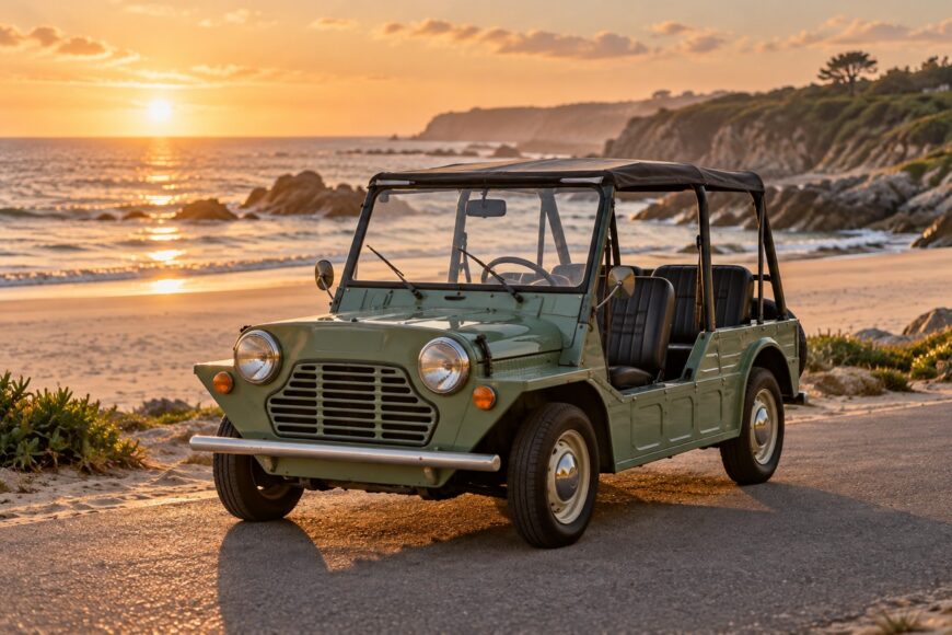 Vintage green Mini Moke beach buggy parked on a coastal road overlooking the ocean at sunset