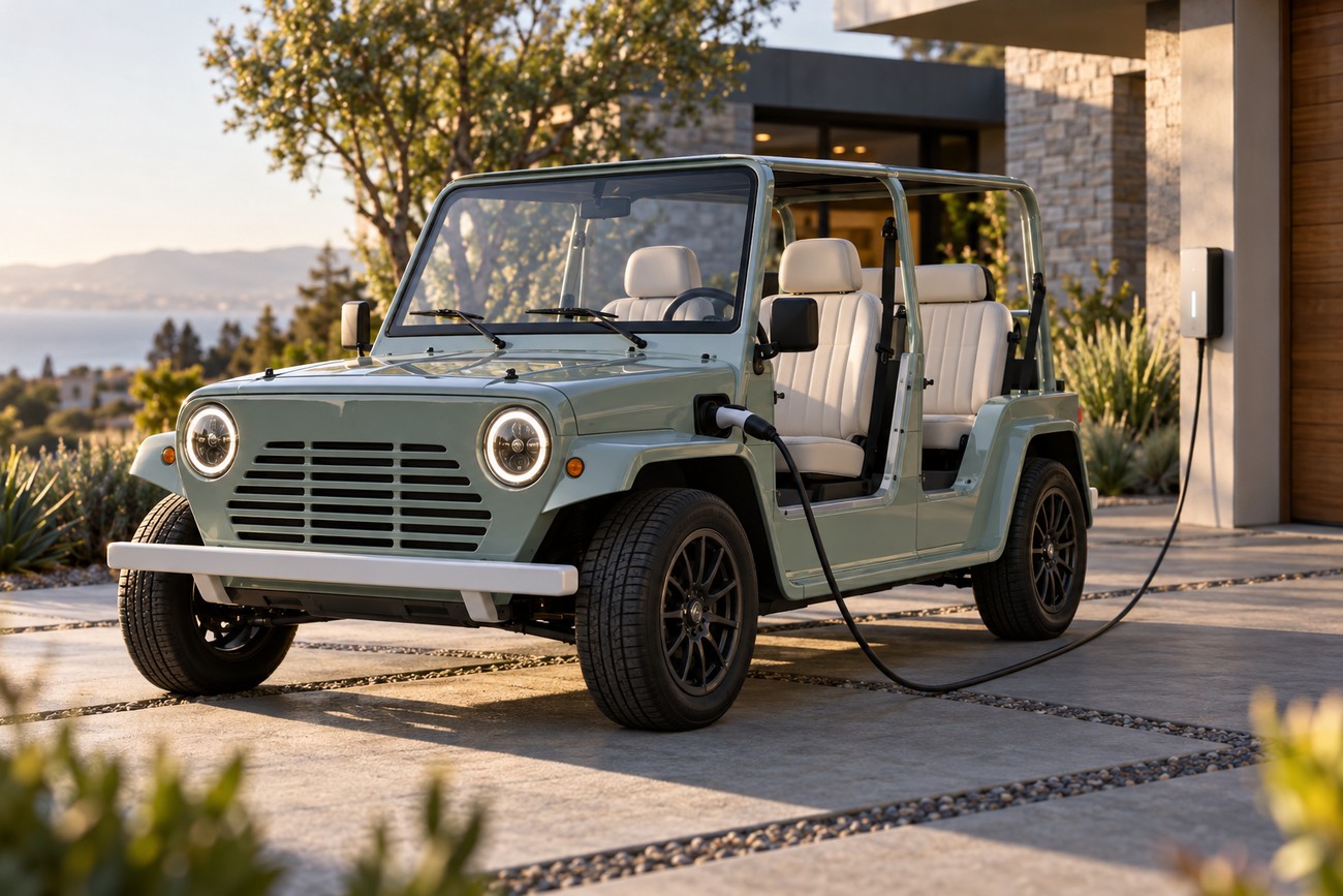 A light green electric Mini Moke beach buggy is plugged in and charging in a modern driveway with white seats and round headlights