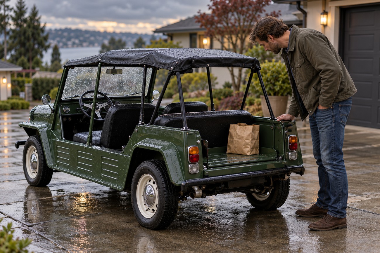 A man standing next to a classic green Mini Moke beach buggy on a rainy day