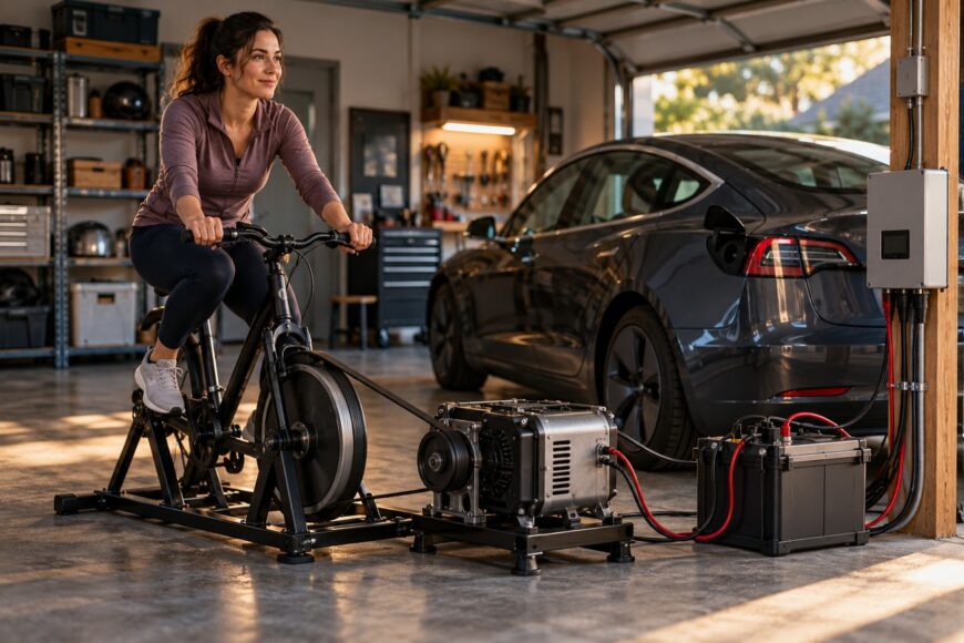 A woman pedaling a stationary bike connected via generator and battery to charge a Tesla in a garage