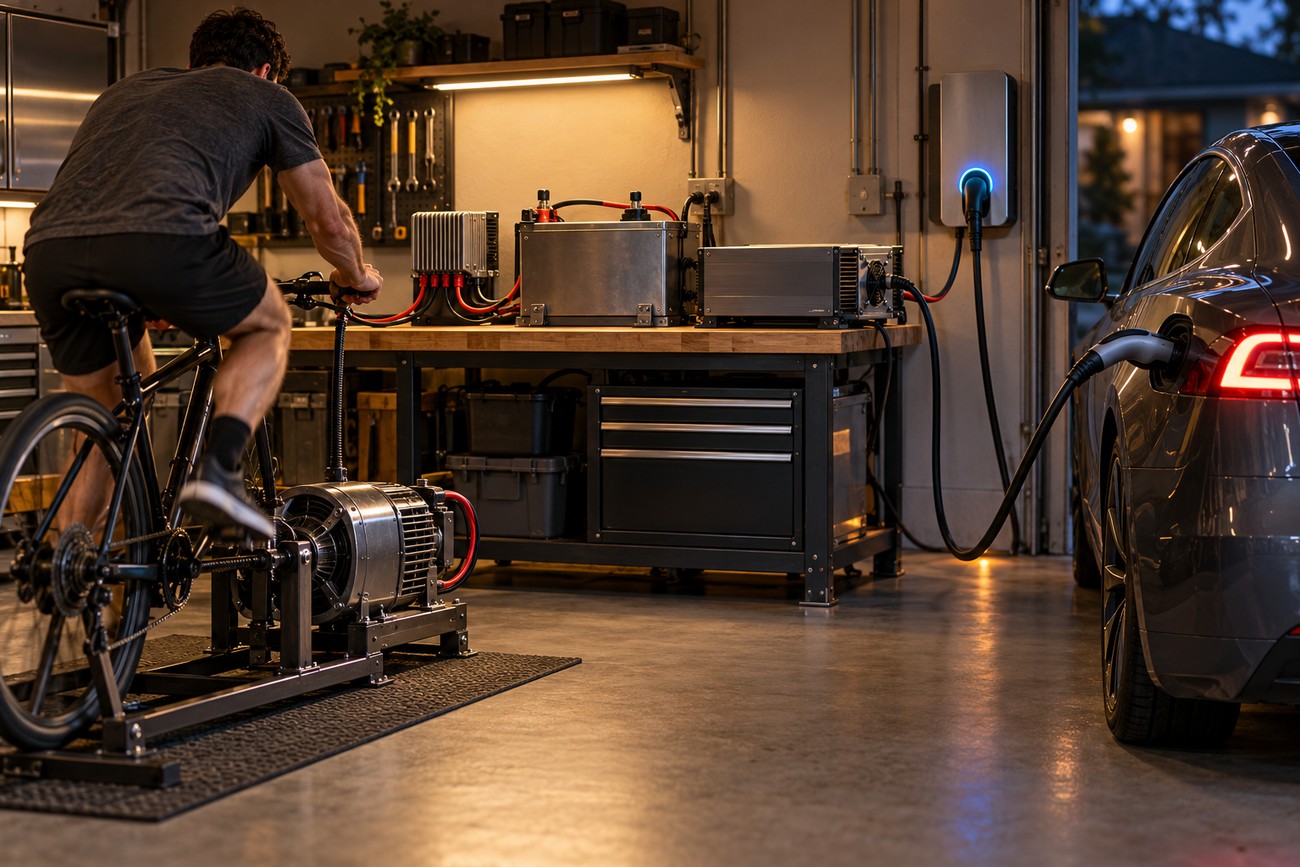 A man pedaling a stationary bicycle connected to a generator and power inverter in a garage while charging a dark Tesla electric car