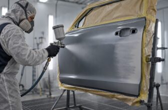 A technician in a protective suit and respirator sprays primer surfacer onto a car door in a paint booth