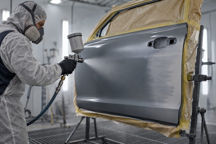 A technician in a protective suit and respirator sprays primer surfacer onto a car door in a paint booth