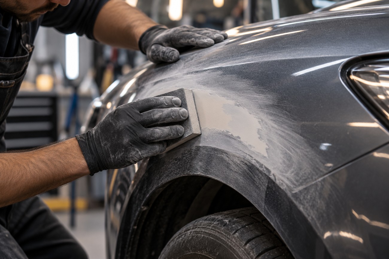 A mechanic wearing black gloves uses a sanding block to smooth a primer surfacer applied to a car fender scratch in a workshop