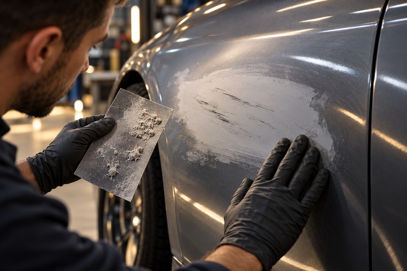 A technician wearing black gloves inspecting a sanded primer surfacer spot on a grey car body panel