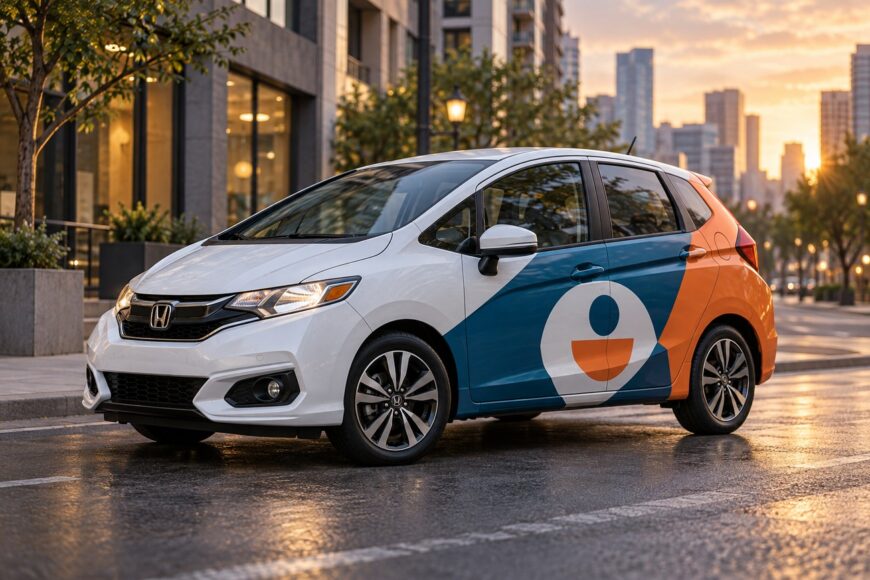 A white Honda Fit parked on a wet city street featuring a colorful blue and orange advertising vinyl wrap