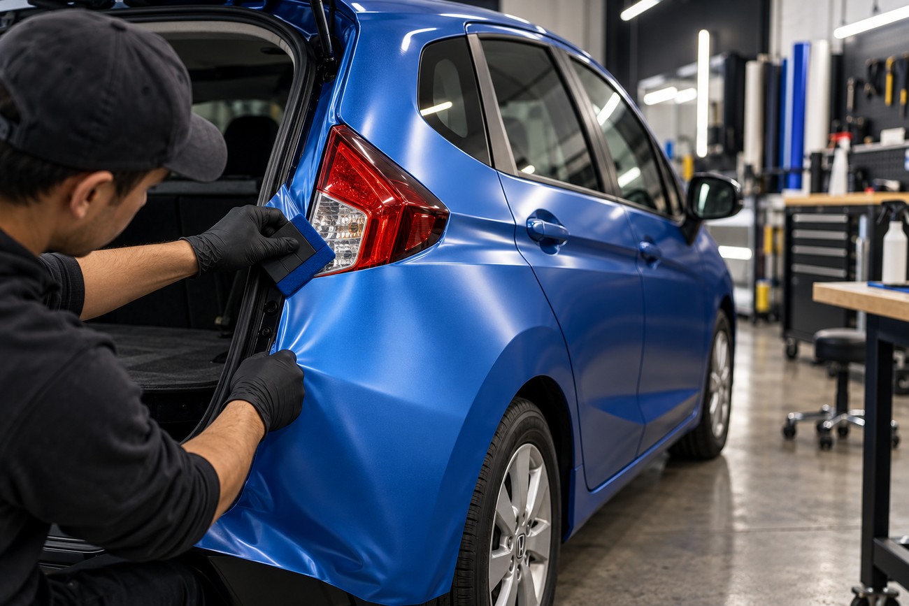 A technician wearing black gloves uses a squeegee to apply blue vinyl wrap to the rear of a Honda Fit in a workshop