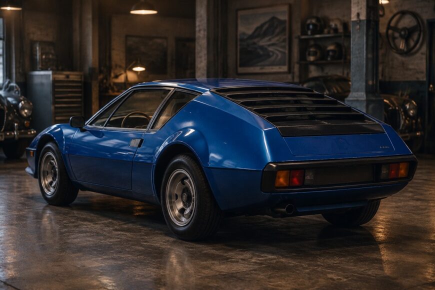 Rear three-quarter view of a classic blue Alpine A310 V6 sports car parked inside a vintage workshop