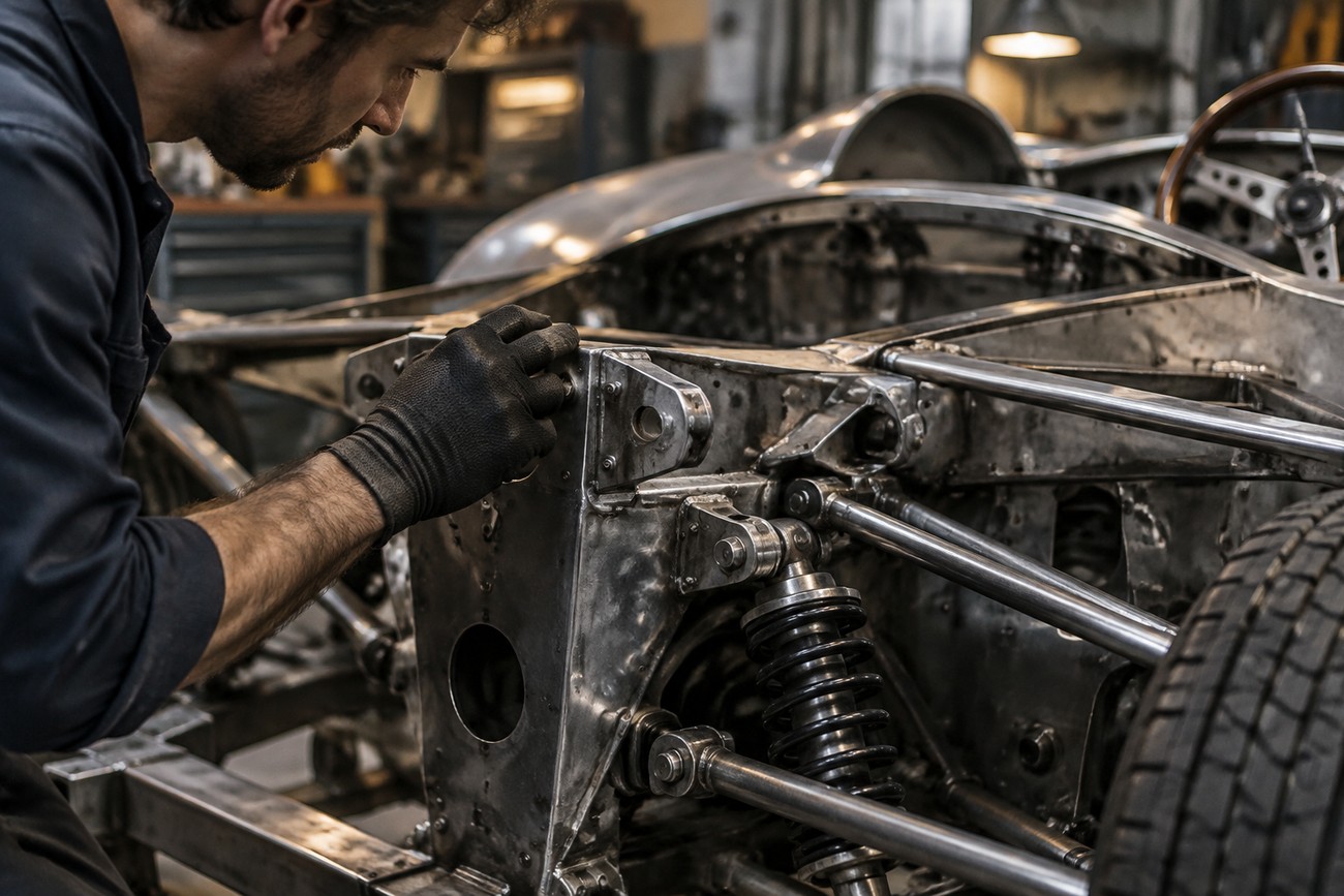 A mechanic in gloves meticulously inspects the exposed metal chassis and suspension framework during the restoration of a classic Alpine A310 V6 sports car in a workshop