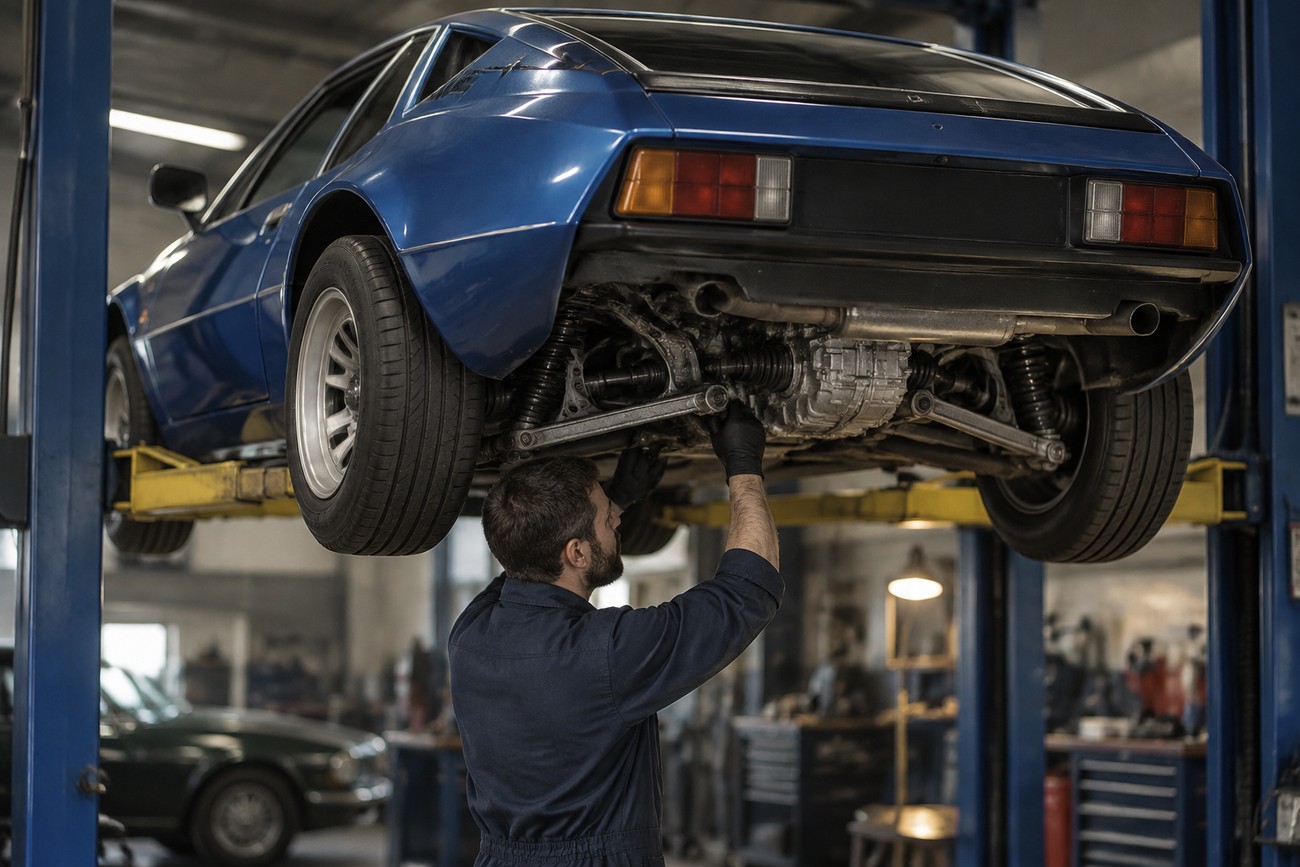 A mechanic in coveralls inspecting the undercarriage of a blue Alpine A310 V6 raised on a lift in a repair shop