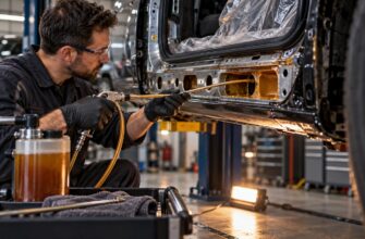A mechanic wearing safety glasses uses a spray wand to apply cavity wax inside a vehicle door frame in a repair shop