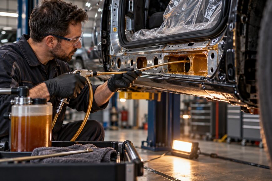 A mechanic wearing safety glasses uses a spray wand to apply cavity wax inside a vehicle door frame in a repair shop