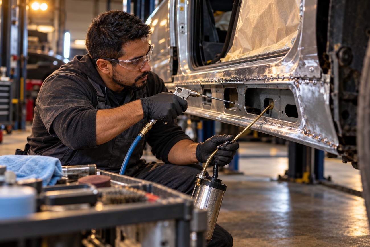 Mechanic in safety glasses applying cavity wax into car frame panels with a pneumatic spray gun in an auto repair shop