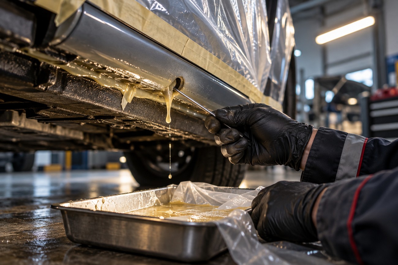 A mechanic wearing black gloves injects anti-corrosion cavity wax into a car sill hole with excess wax dripping into a metal tray below