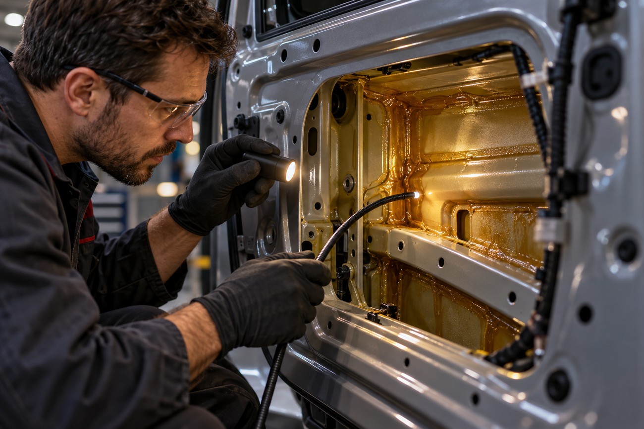 Mechanic in safety glasses holding a flashlight and inspection probe while applying cavity wax inside a vehicle door panel