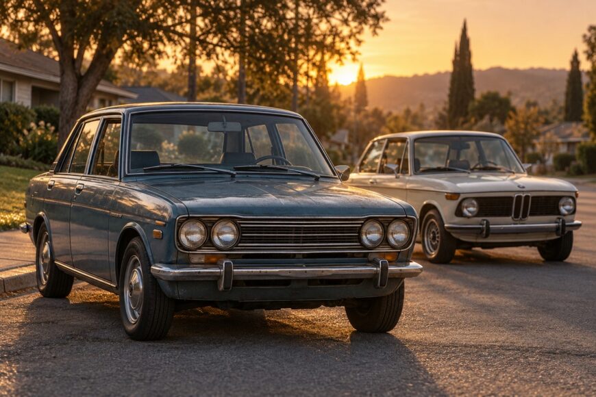 A classic blue Datsun 510 sedan parked in the foreground with a vintage white BMW 2002 behind it on a sunny suburban street at sunset