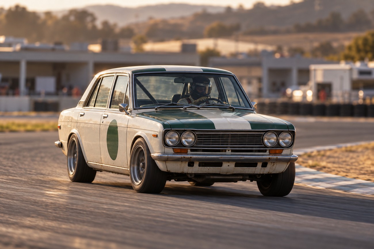 A vintage white and green Datsun 510 race car with a driver wearing a helmet cornering on a racetrack