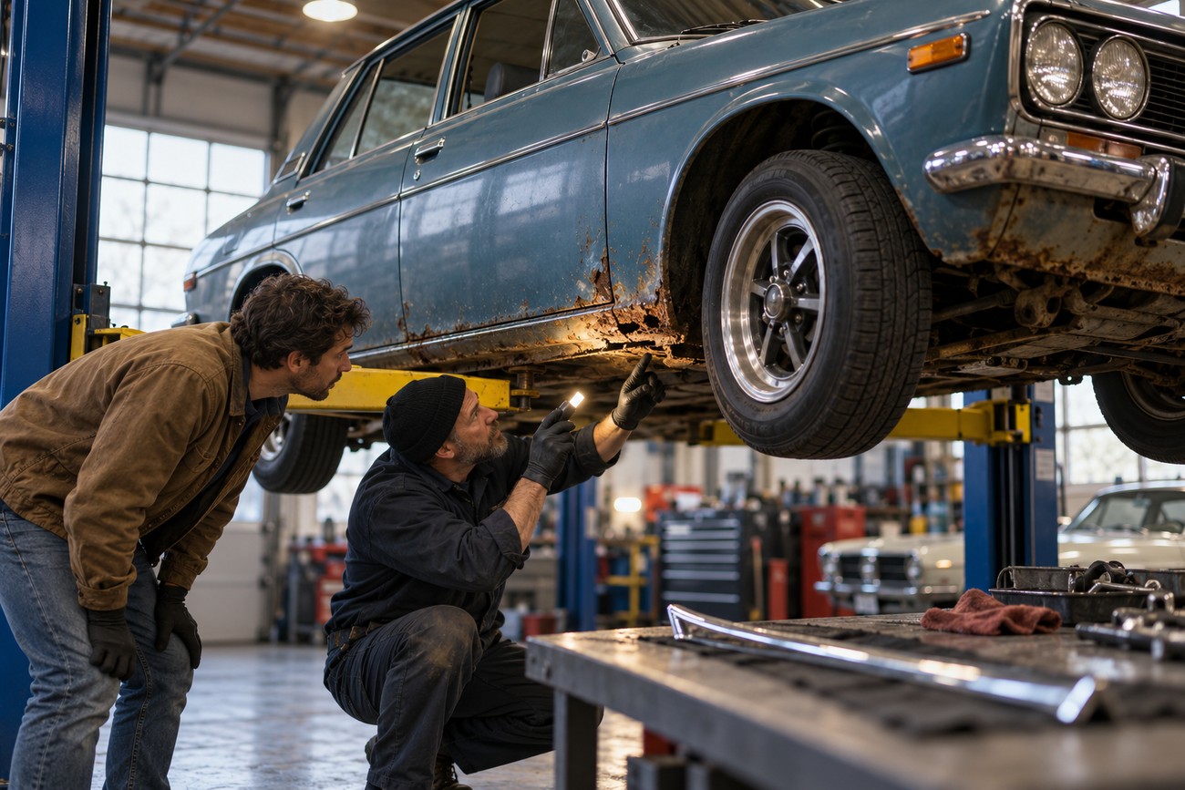 Mechanic with a flashlight and another man inspecting heavy rust on the rocker panel of a classic blue Datsun 510 lifted in an auto repair shop