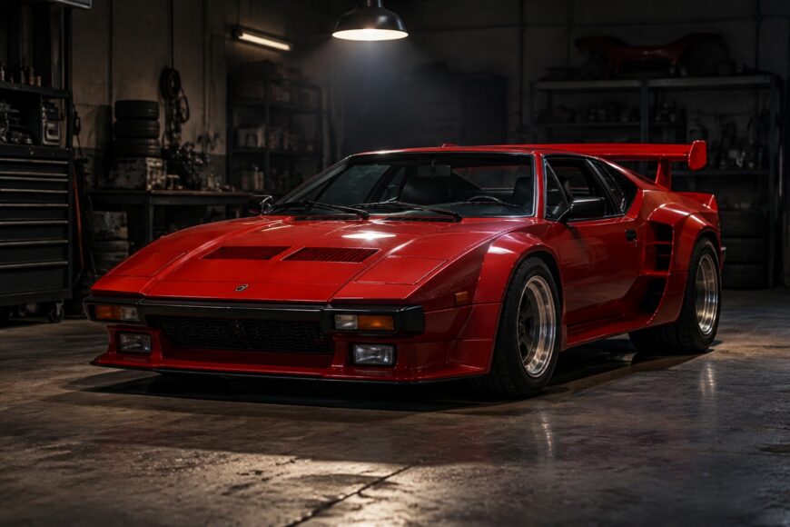 A red De Tomaso Pantera GT5 classic supercar parked inside a dimly lit garage under a single overhead lamp