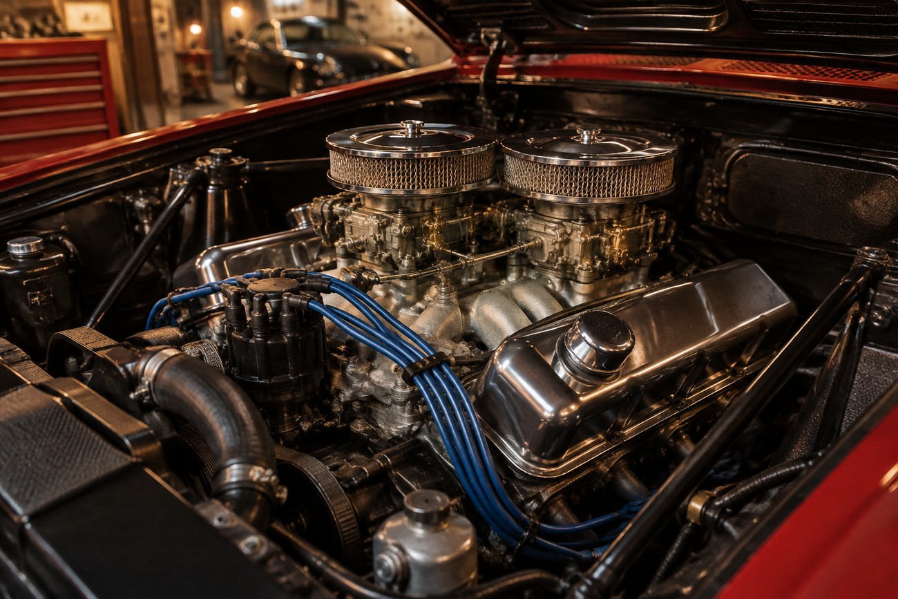 Detailed view of the chrome-accented Ford V8 engine under the hood of a classic red De Tomaso Pantera GT5 supercar in a garage