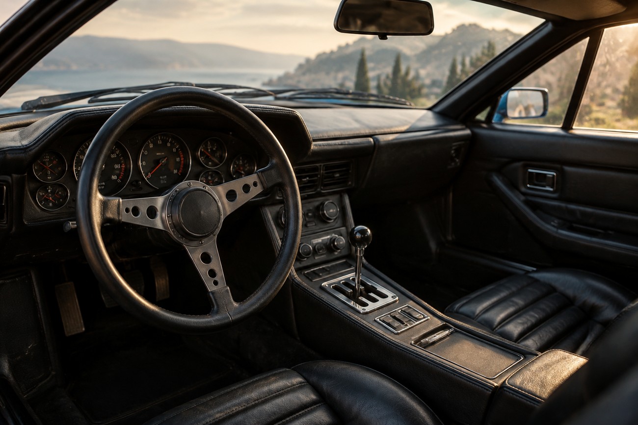 Classic black leather interior and dashboard of a De Tomaso Pantera GT5 supercar overlooking a scenic landscape