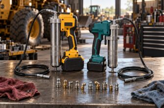 Dewalt and Makita cordless grease guns standing on a workbench surrounded by various grease fittings and rags