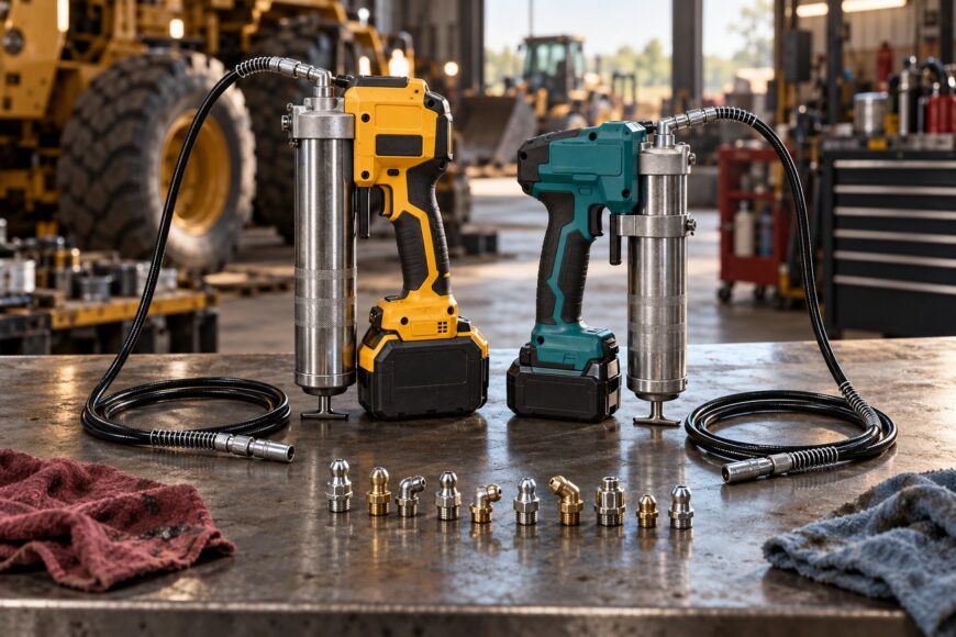 Dewalt and Makita cordless grease guns standing on a workbench surrounded by various grease fittings and rags