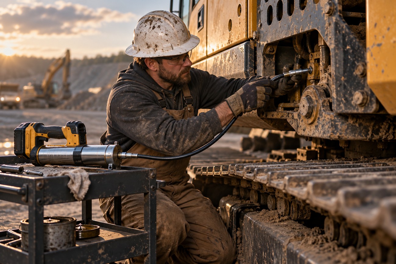 Mechanic wearing a hard hat and overalls using a cordless grease gun on heavy machinery tracks