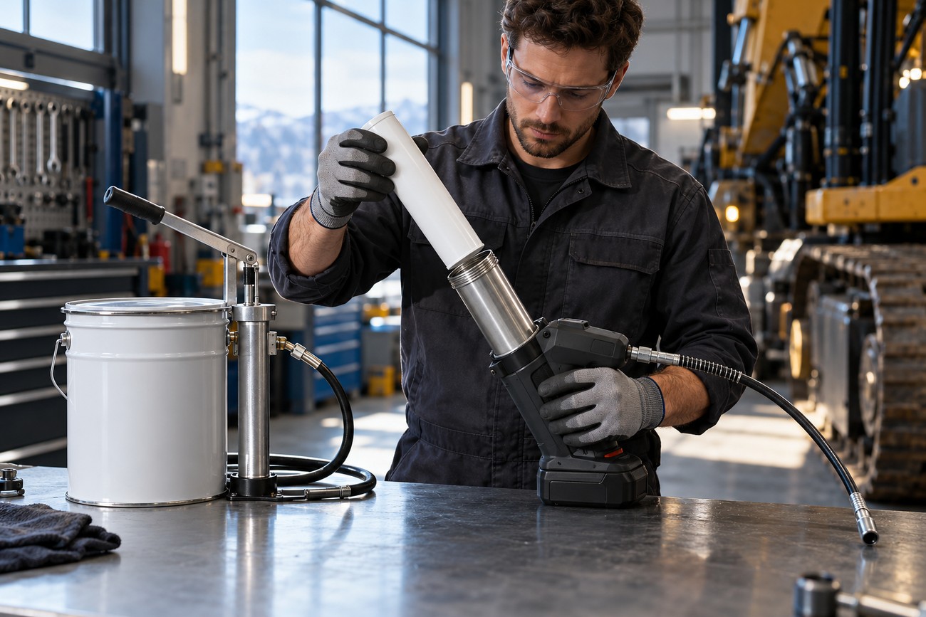 Mechanic wearing safety glasses and gloves loading a grease cartridge into a cordless grease gun at a workshop workbench