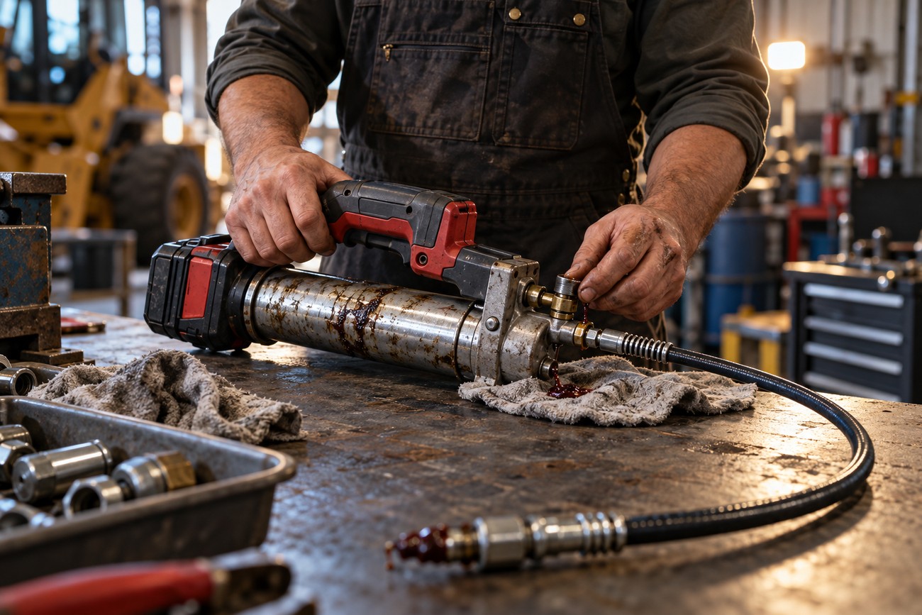 Mechanic in overalls working with a cordless grease gun on a cluttered workbench in a repair shop