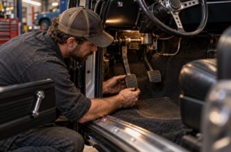 Mechanic in a cap inspecting and repairing a clutch pedal inside a classic car interior