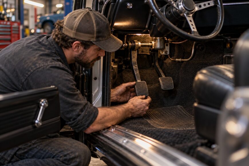 Mechanic in a cap inspecting and repairing a clutch pedal inside a classic car interior
