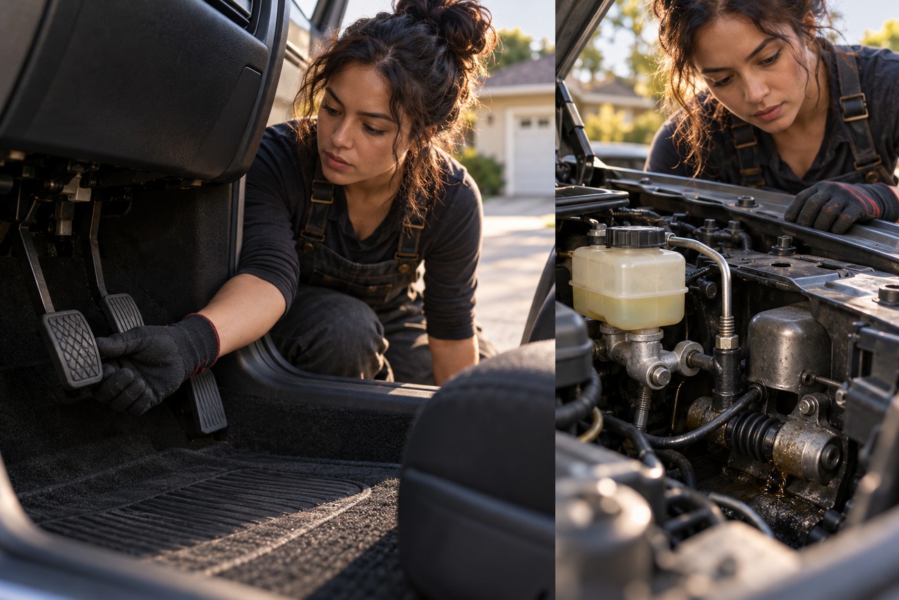 A female mechanic checking the car clutch pedal in the interior and inspecting engine components under the hood