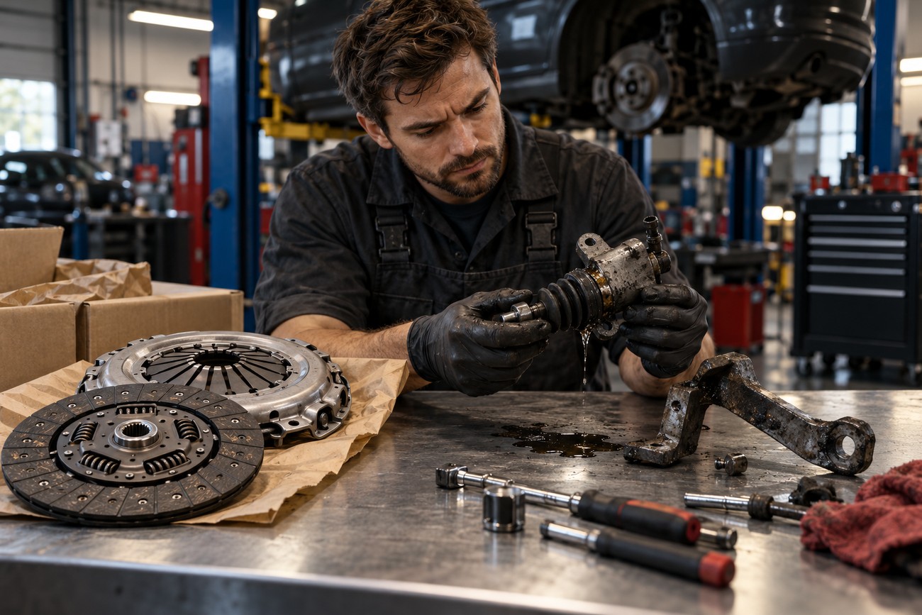 Mechanic wearing gloves inspects a leaking clutch master cylinder at a workbench in an auto repair shop