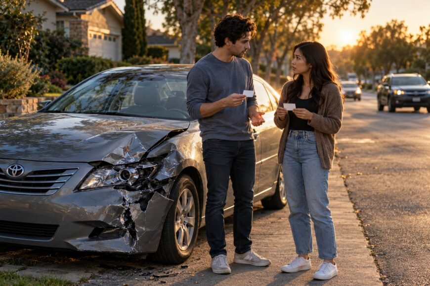 A man and woman standing on a suburban street next to a crashed silver Toyota Camry with front-end damage and holding cards