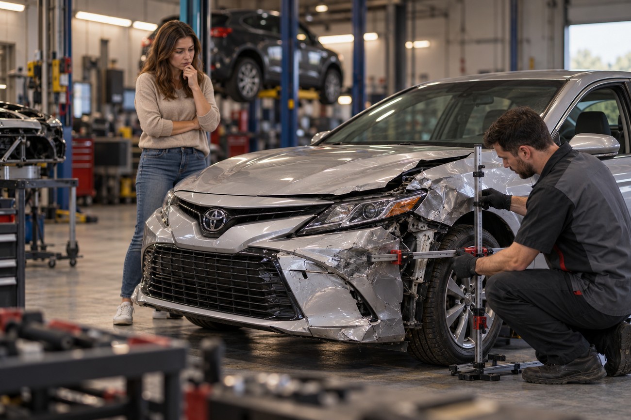 A concerned woman looks at a mechanic inspecting the front end damage of her silver Toyota Camry in a repair shop