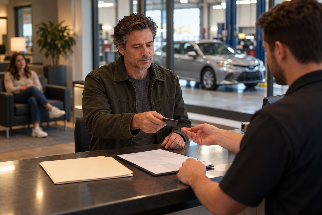 A middle-aged man handing a credit card to a service representative at an auto repair shop counter with a silver Toyota Camry visible in the background