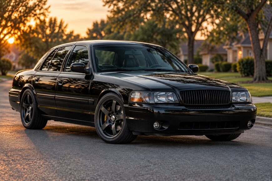 A sleek black Mercury Marauder sedan parked on a quiet suburban street at sunset with trees in the background