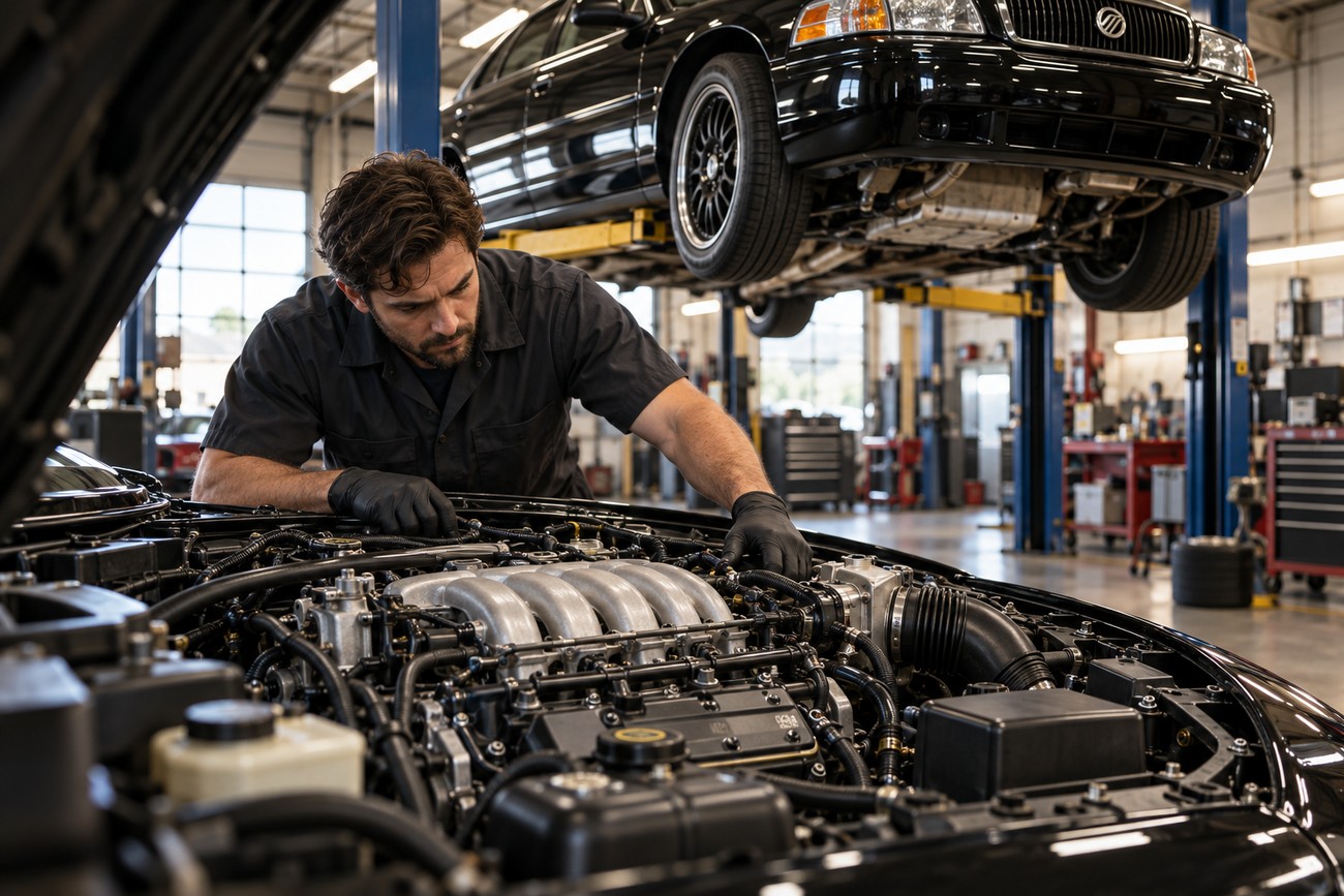 A professional mechanic inspecting the engine bay of a black Mercury Marauder sedan in a repair shop