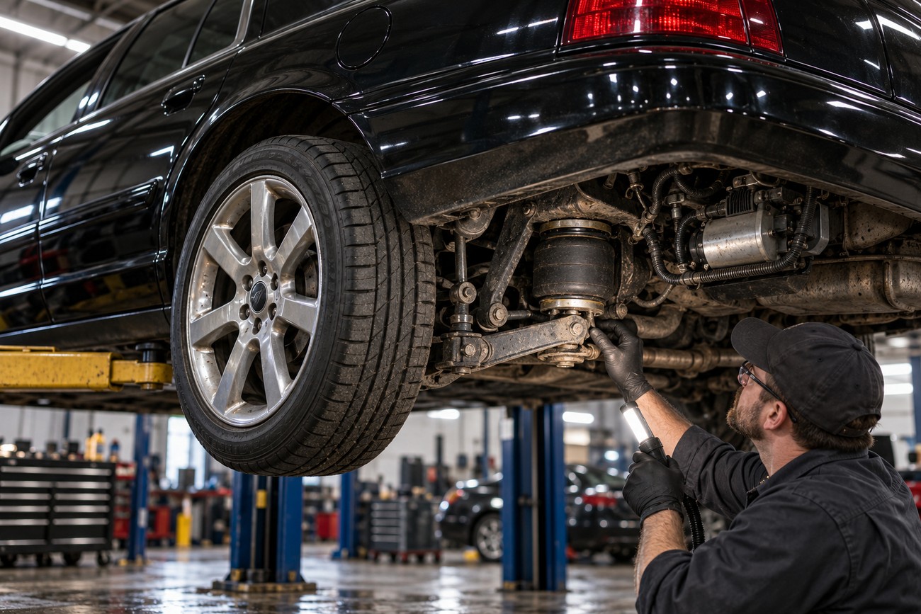 A mechanic in gloves uses a work light to inspect the rear suspension of a black Mercury Marauder on a lift