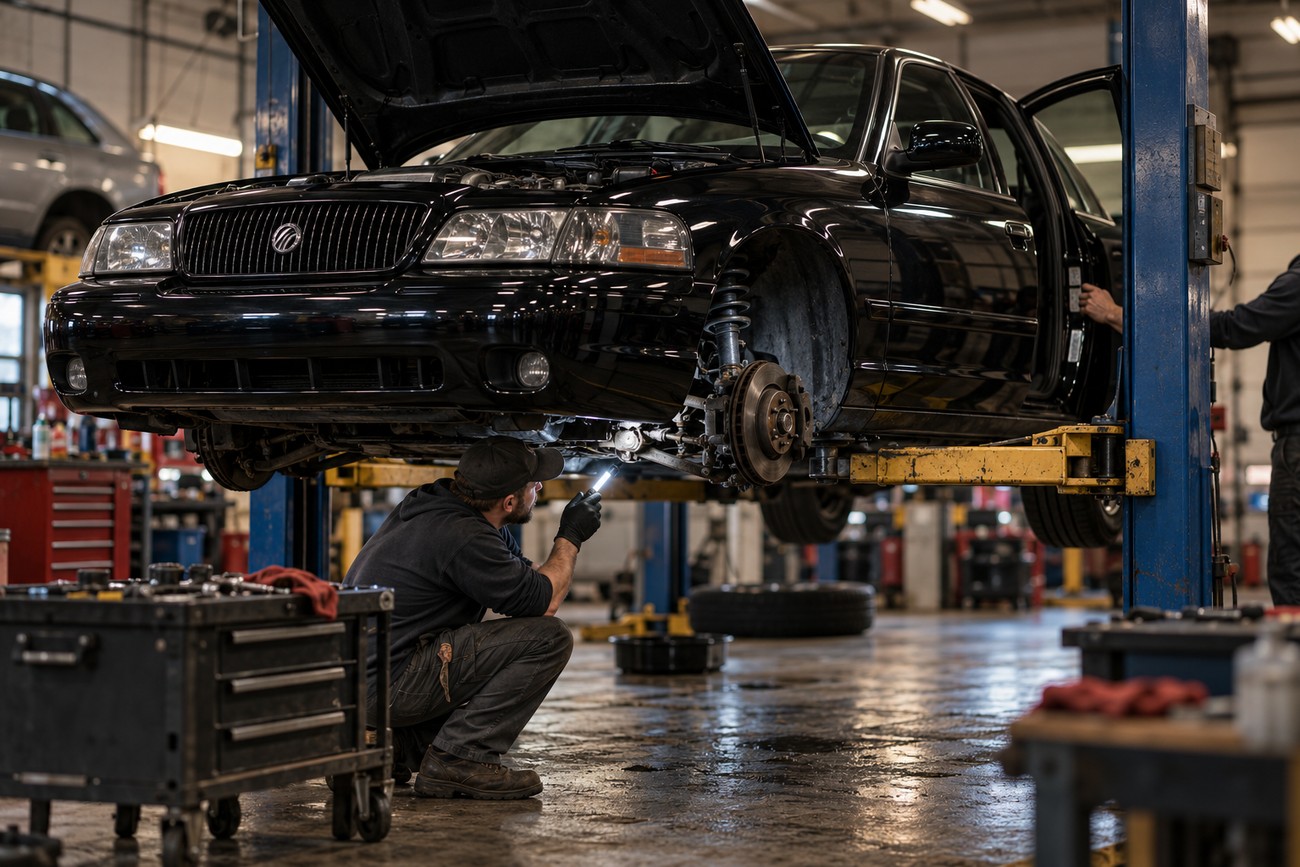 A mechanic in a garage inspecting the undercarriage of a black Mercury Marauder lifted on a hoist