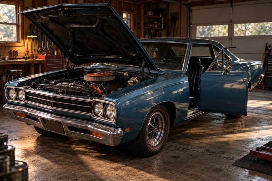 Classic blue Plymouth Road Runner muscle car with open hood parked inside a rustic wooden garage