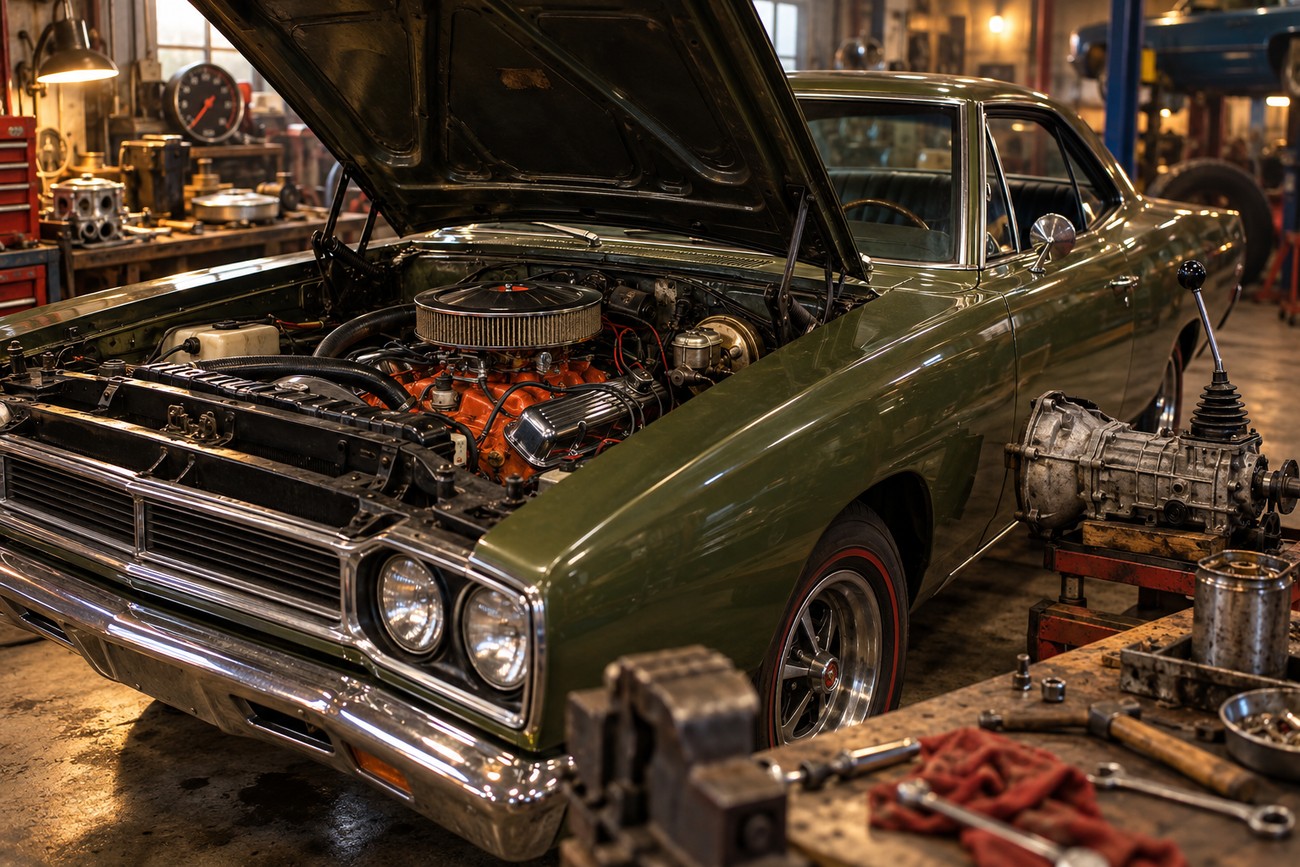 Classic green Plymouth Road Runner with open hood and visible engine in a vintage mechanic garage