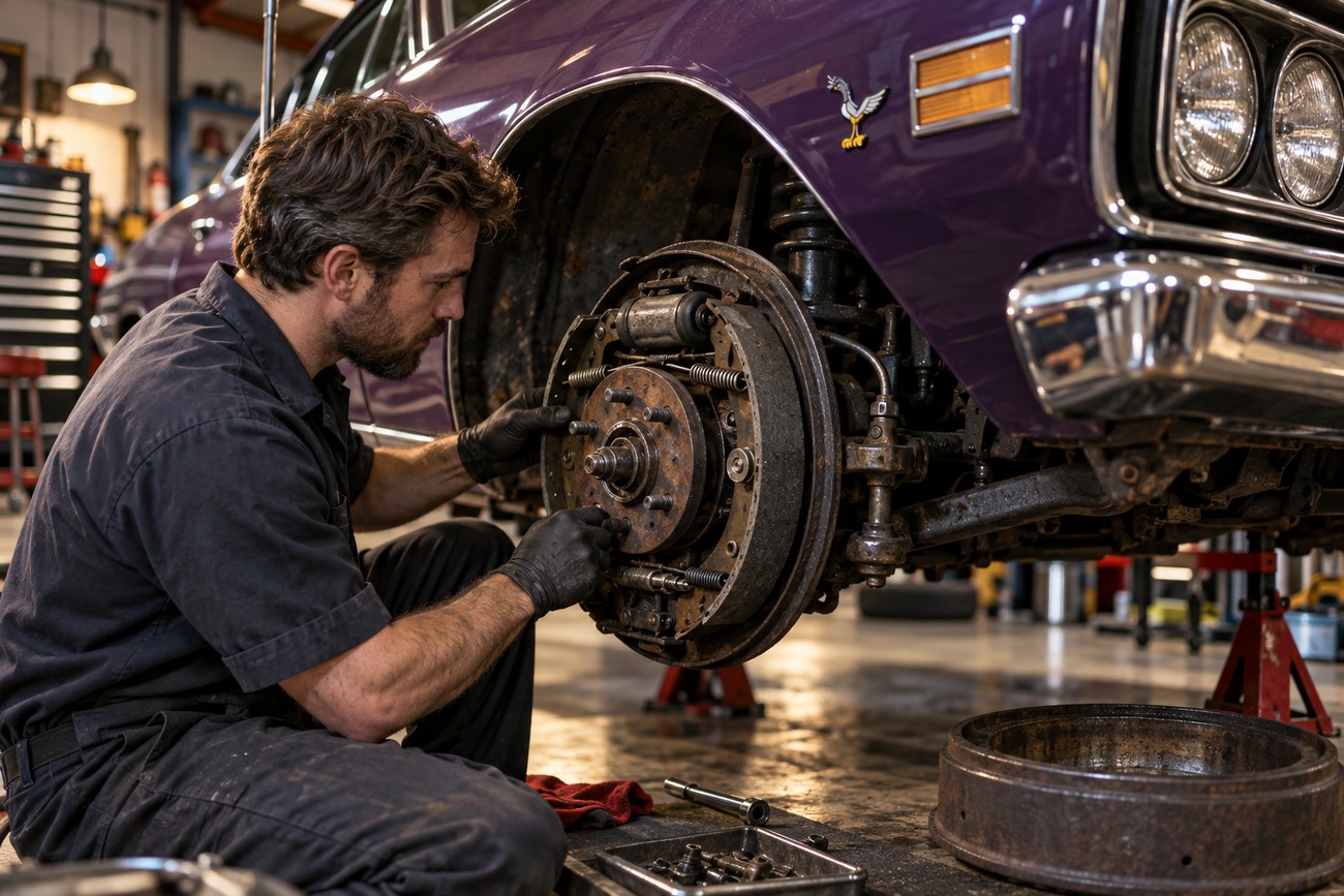 A mechanic in a workshop works on the brake system of a classic purple Plymouth Road Runner