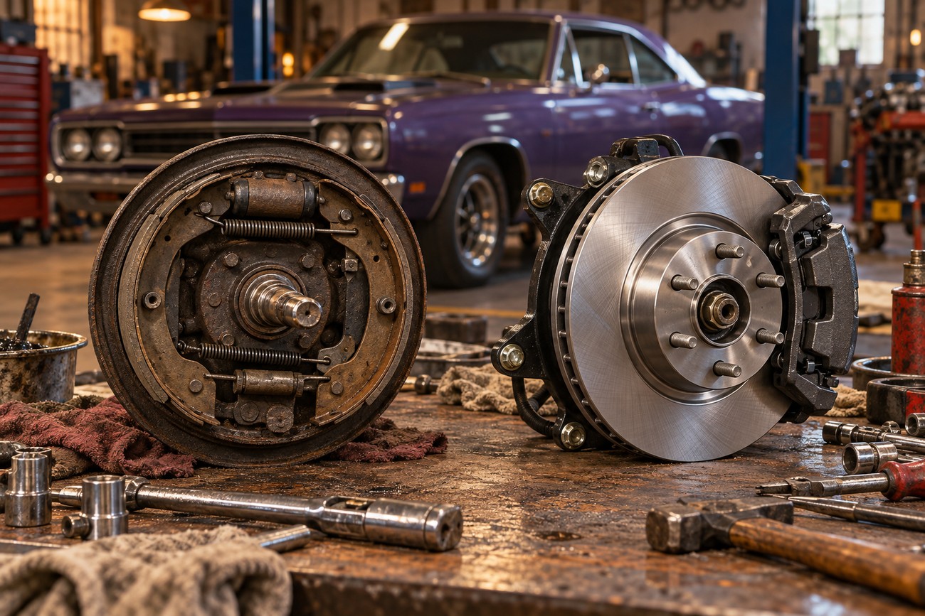 An old drum brake and a new disc brake assembly sit on a workbench with tools and a classic purple Plymouth Road Runner in the background