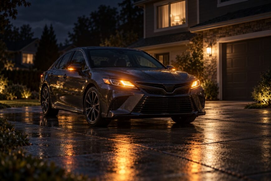 Dark Toyota Camry parked in a driveway at night with flashing hazard lights