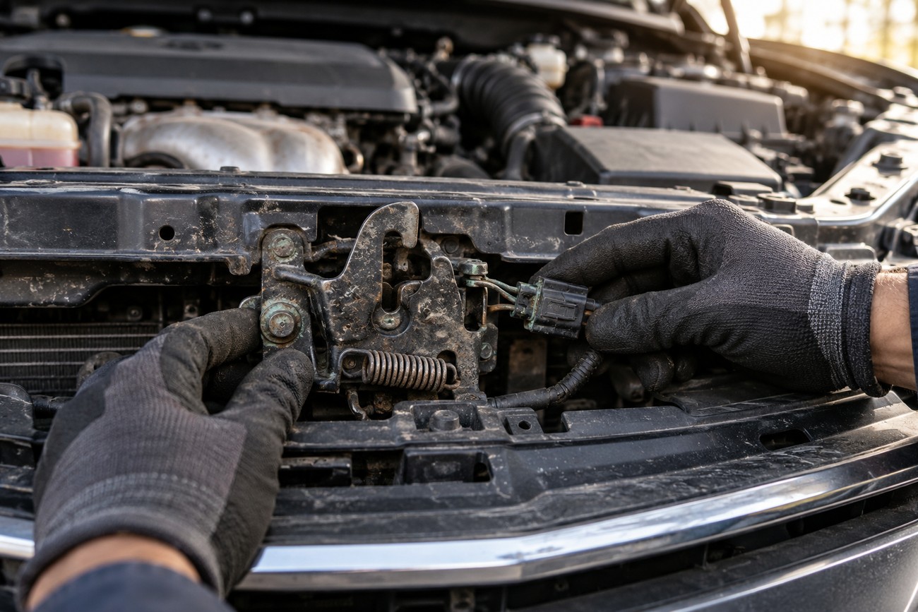 A mechanic wearing work gloves disconnecting the wiring harness from the hood latch sensor in a Toyota Camry engine bay