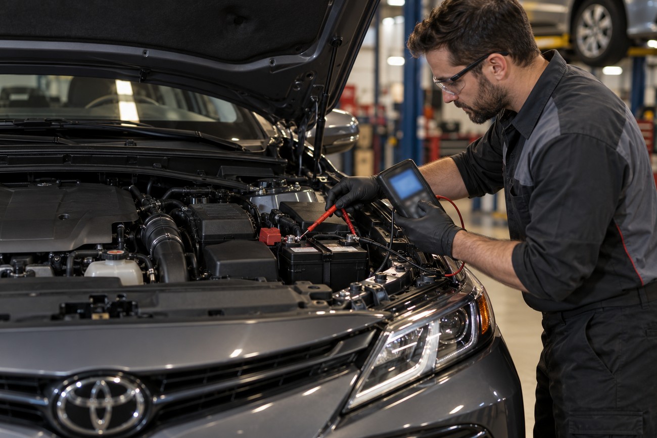 Mechanic in safety glasses testing a car battery with a multimeter under the hood of a Toyota Camry