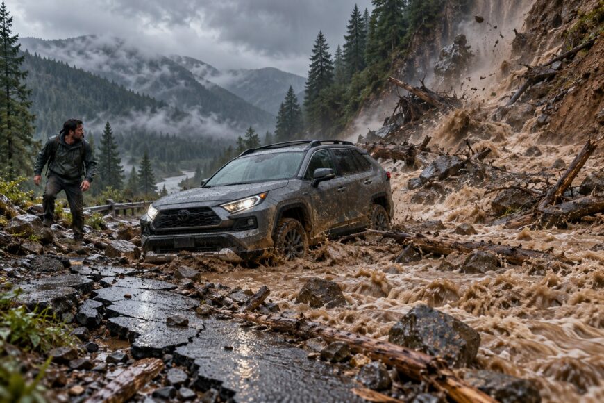 A gray Toyota RAV4 stranded on a damaged mountain road amidst a massive mudslide and debris