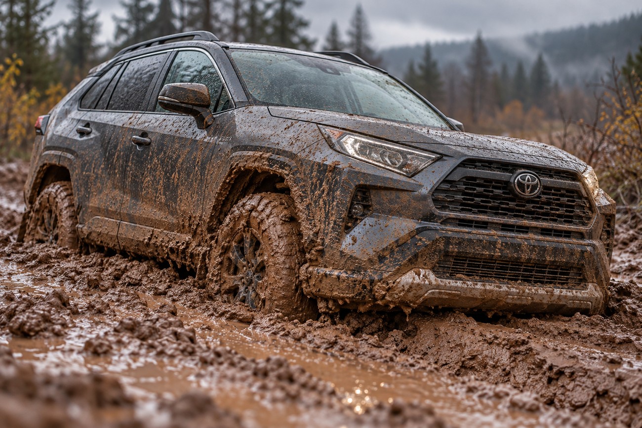 A dark gray Toyota RAV4 deeply stuck in thick mud on a wet forest trail surrounded by trees